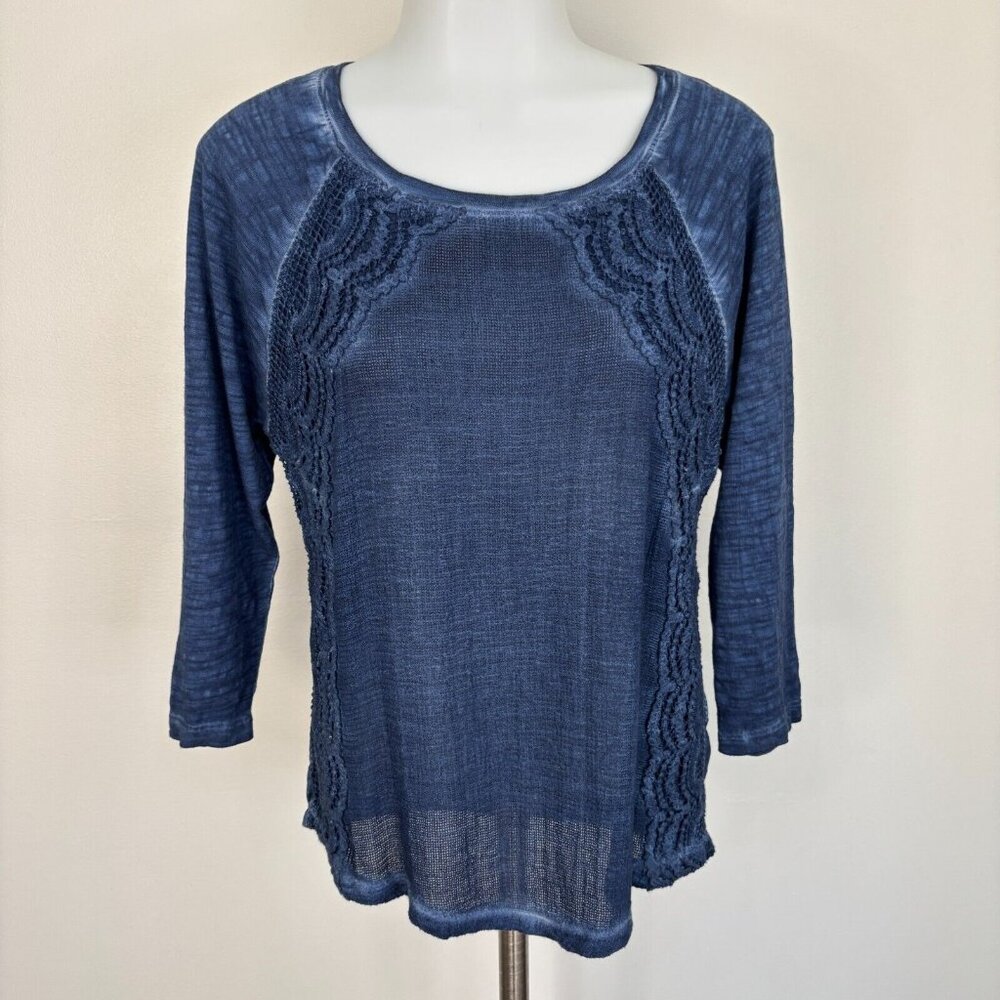 Chico's‎ Top 0 Women's Small Blue Crochet Garment-Dyed 3/4 Sleeve Shirt